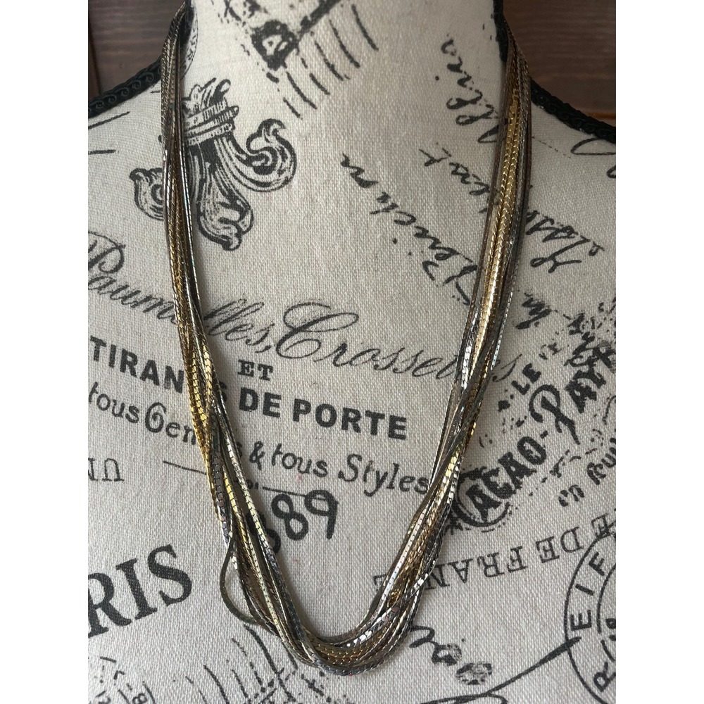 Vintage Mixed Metal Multi Strand Herringbone Chain Necklace Gold Silver Tones‎